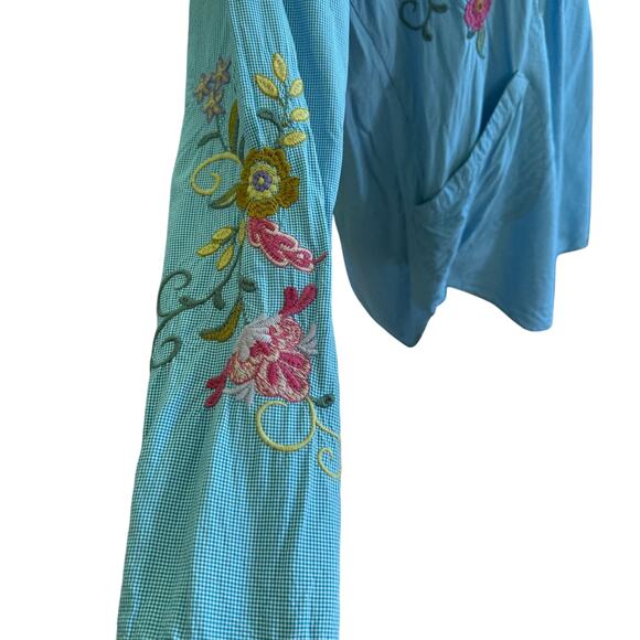 Johnny Was Embroidered Ashlee Henley Popover SZ S Gingham Boho Cottagecore - Picture 6 of 8